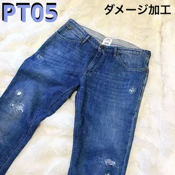 PT05 PT 데님 청바지 가죽 패치 데미지 가공