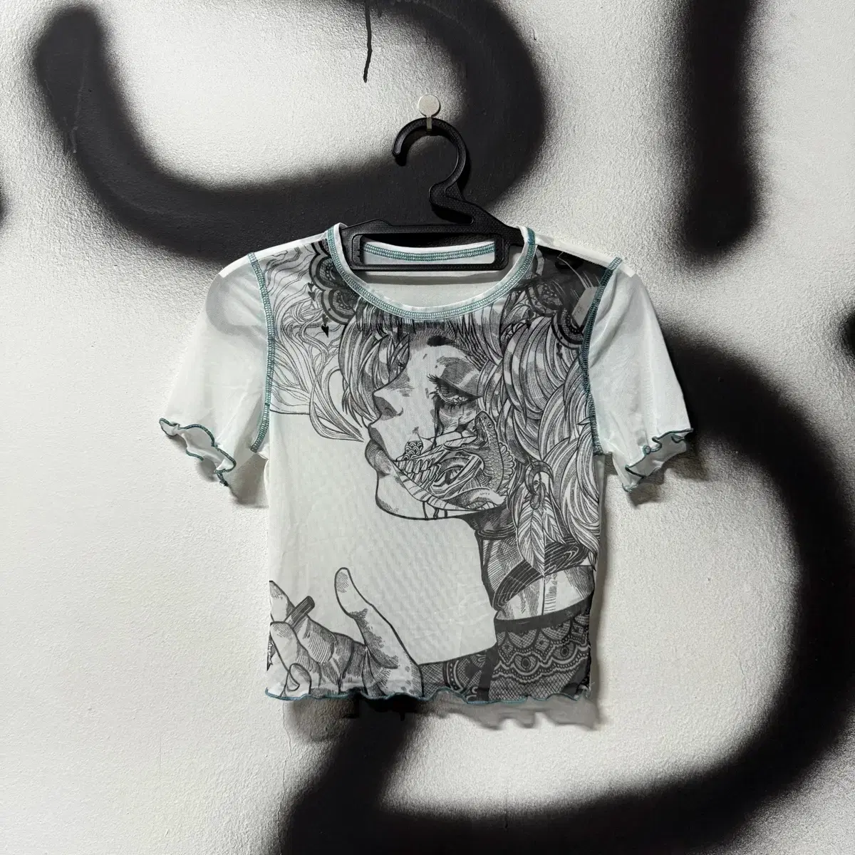 VTG Vintage See-through Printing Crop Short-Sleeved Top