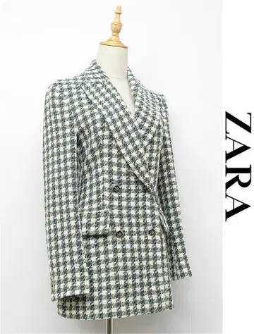 I432/ZARA 트위드 더블 자켓 하운드투스 S 그린 봄/가을