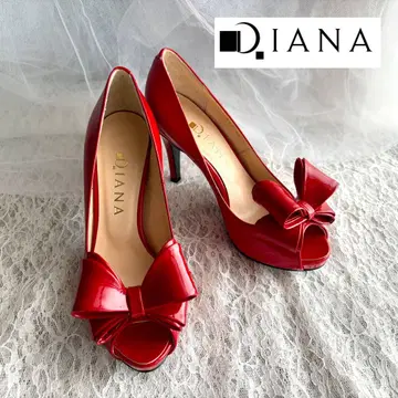미사용급 DIANA 레드 빨간색 리본 오픈토 펌프스 핑힐