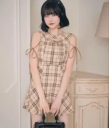 프론트 오픈 체크 미니 원피스 미셸 마카롱 XS