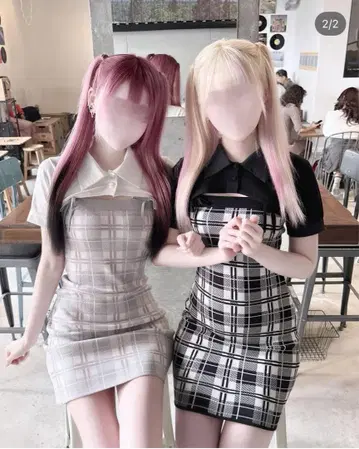 HONEYMEW 체크 앙상블 원피스 그레이