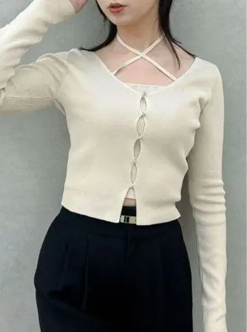 dazzlin 가디건 타이트 레이어드 리본 상의 아이보리