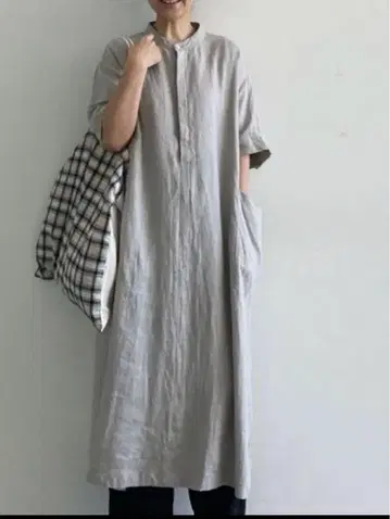 HACHITEN 밴드 카라 린넨 롱 원피스
