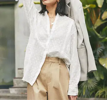 리브 드와 레이스 밴드 카라 셔츠 레이스 셔츠 오픈 셔츠