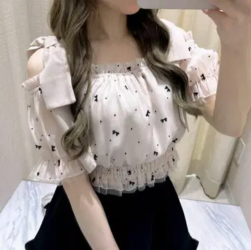 택 포함 미사용 에블린 리본 오프숄더 상의