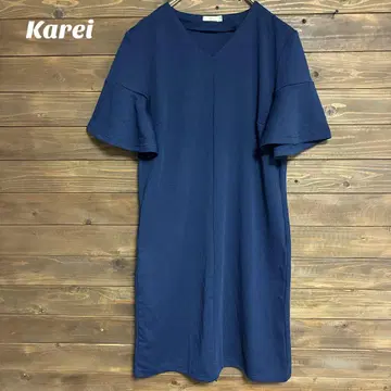 [ Karei ] 네이비 V넥 반팔 무릎 기장 원피스 심플 M