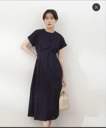 코튼 보일 허리 턱 원피스 네이비