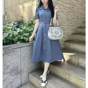 어나더 앙제 레트로 단추 사용 오픈 카라 셔츠 원피스