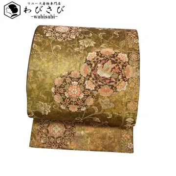 후쿠로 오비 아름다운 꽃 패턴에 새, 히키하쿠 골드 컬러 O-3593