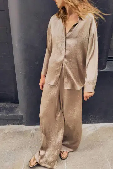 가을 ZARA 택 포함 새틴 베이지 와이드 팬츠 허리밴딩