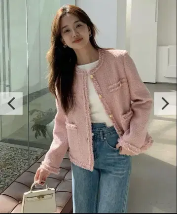 벌스데이 바쉬 핑크 트위드 노카라 자켓