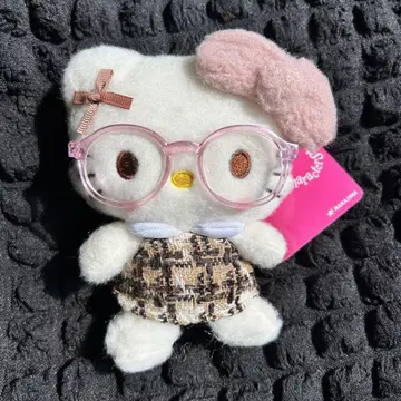산리오 화이트 모카 체크 키티 봉제 인형 안경