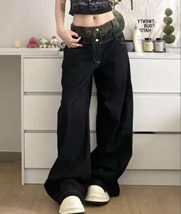 더블 허리 와이드 데님 팬츠 페이크 레이어드