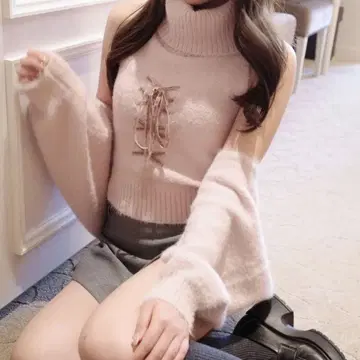 lace up shaggy knit ensemble (pink)