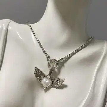 레트로 하트 천사의 깃털 진주 펜던트 스네이크본 체인 목걸이