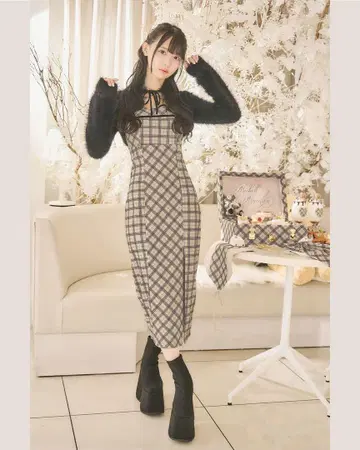 michellMacaron 오리지널 체크 무늬 앙상블 롱 원피스
