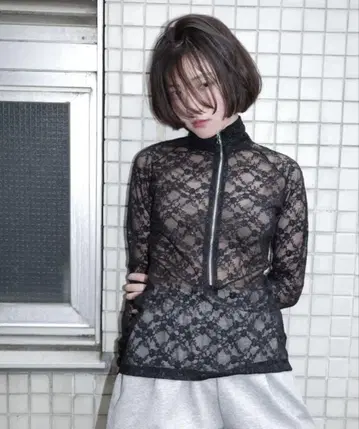 GLITTER LACE TOPS / 하프 지퍼 라메 레이스 상의 igi