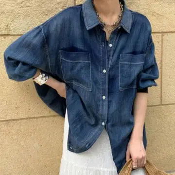DOUDOU 소매 리브 시어 데님 셔츠