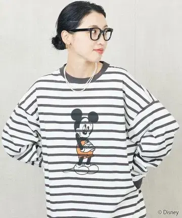 Mickey 보더 프린트 긴팔 티셔츠
