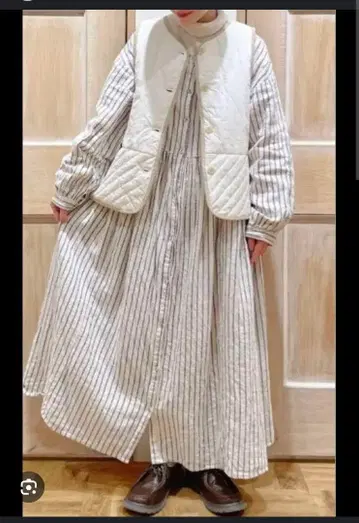 사만사 모스모스 코튼 린넨 앞뒤 착용 스트라이프 셔츠 롱 원피스
