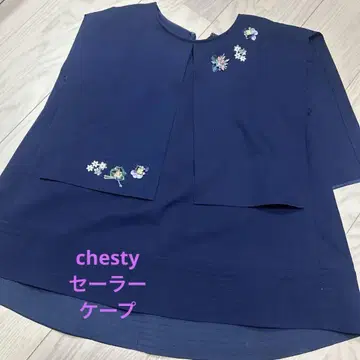 chesty 네이비 슬리브리스 상의 꽃 자수