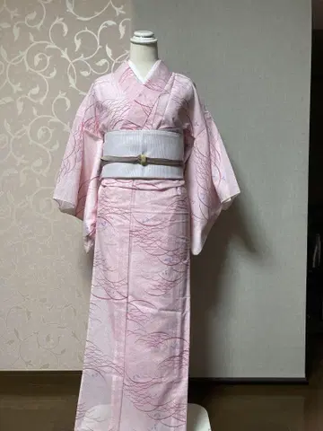 기모노 여름용 명주 핑크 물결 무늬 코몬