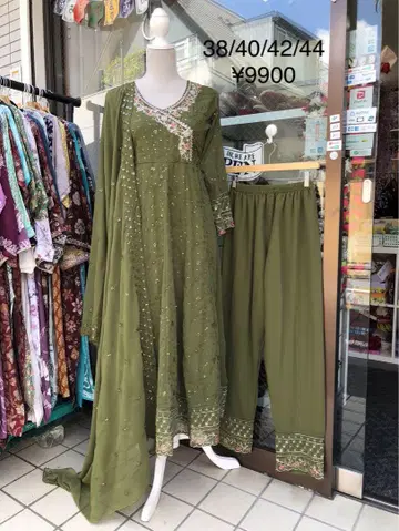 Indiankurti 자수 올리브 그린 원피스 38/40/42/44