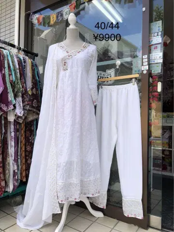 인도 kurti 자수 화이트 롱 원피스 40/44