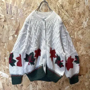 vintage 페루제 꽃무늬 알파카 100% 아란 니트 가디건