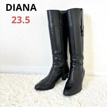 다이애나 천연 가죽 롱 부츠 23.5 블랙 사이드 지퍼 가죽