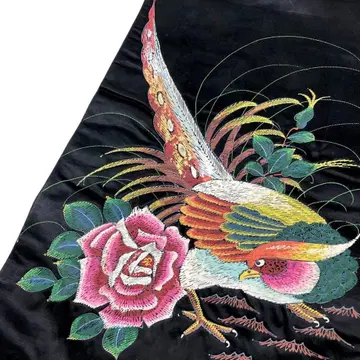 앤티크 오비 나고야 오비 수제 장미와 새 블랙 쉬폰 AO-3074