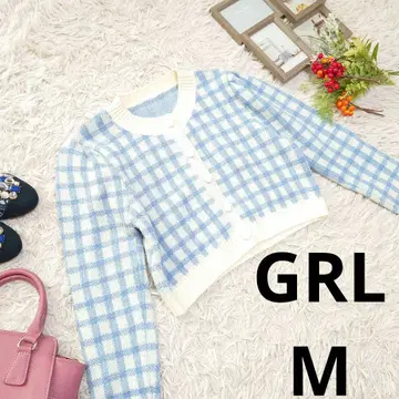 새상품급 GRL 크롭 니트 가디건 (M) 화이트/스카이블루/그래프 체크