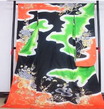 오히키즈리 꽃무늬 블랙 그린 오렌지 빨간색