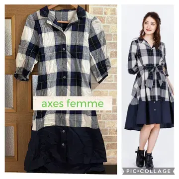 axes femme 엑시즈팜 바이컬러 오픈 카라 셔츠 원피스 네이비