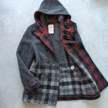 새상품급 밥 울 트위드 후디드 코트 체크 절개 그레이 L