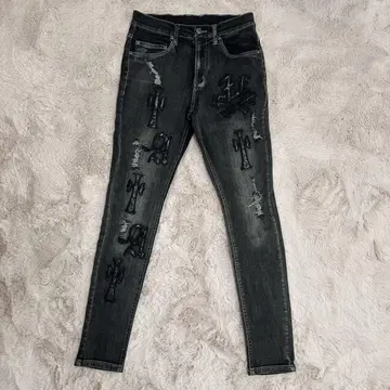 PU 와펜 데미지 데님 스키니 팬츠 여성용 남성용