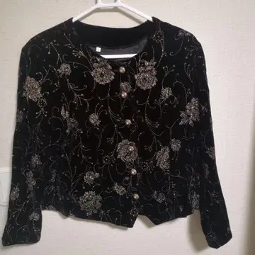 파티용, 결혼식용 노카라 자켓 블랙 벨벳 꽃무늬 자수