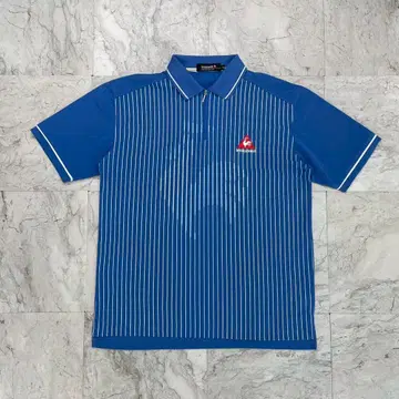 르꼬끄 스포르티브 피케 셔츠 남성용 M 블루 스트라이프 자수 로고