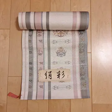 나고야 오비 팔촌 스트라이프 꽃무늬 핑크 그레이