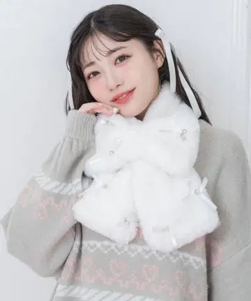 허니시나몬 Bijou ribbon 리본 머플러 화이트 허니 시나몬
