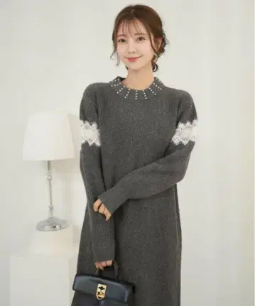 르 르브 바닐레 펄 넥 레이스 니트 원피스 차콜 M