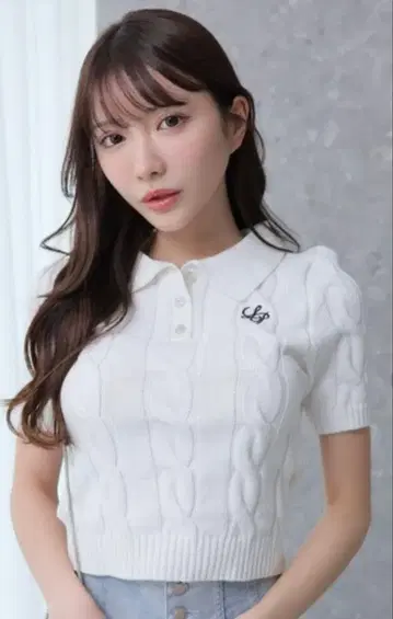 화이트 케이블 니트 반팔 피케 셔츠