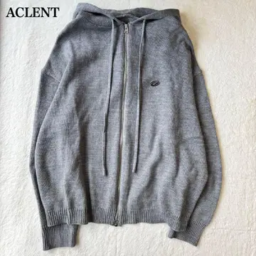 ACLENT 더블 지퍼 니트 후드티 오버 사이즈 로고 그레이