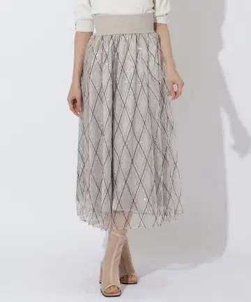 Andcouture 모니레 허리 리브 스팽글 롱 스커트