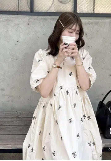 nugu 리본 자수 아이보리 코튼 원피스