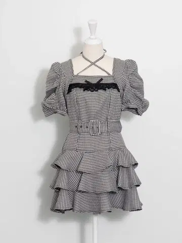 Pium 티어드 프릴 미니 원피스 깅엄