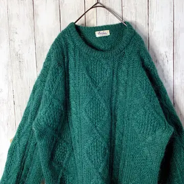 구제 의류 일본제 케이블 디자인 니트 스웨터 그린 빅 루즈