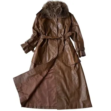 라나프 소프트 카우 가죽 트렌치코트 벨트 카멜 퍼 옷깃