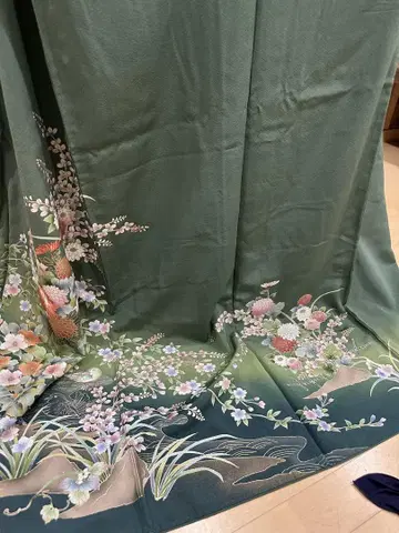 호몬기 그린 컬러 꽃무늬 자수 기모노 오비 세트 카네모리 상당히 깨끗함